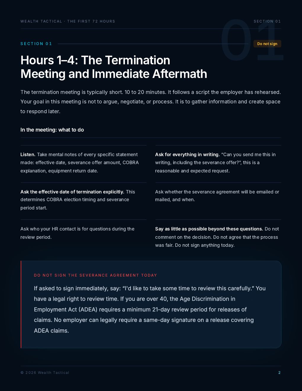 A page headed Hours 1 to 4: The Termination Meeting and Immediate Aftermath, with what to do in the meeting and a note on reviewing any agreement before signing.