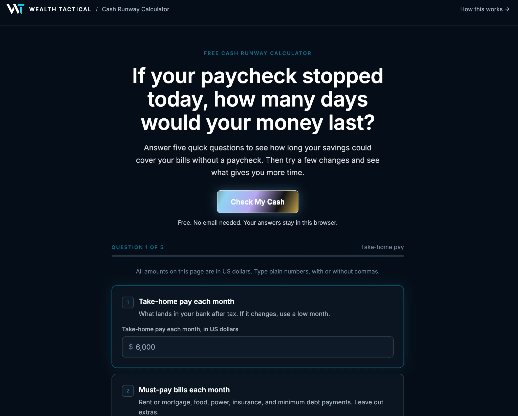 Screenshot of Wealth Tactical’s cash runway calculator, referenced in the guide. This is a static preview.