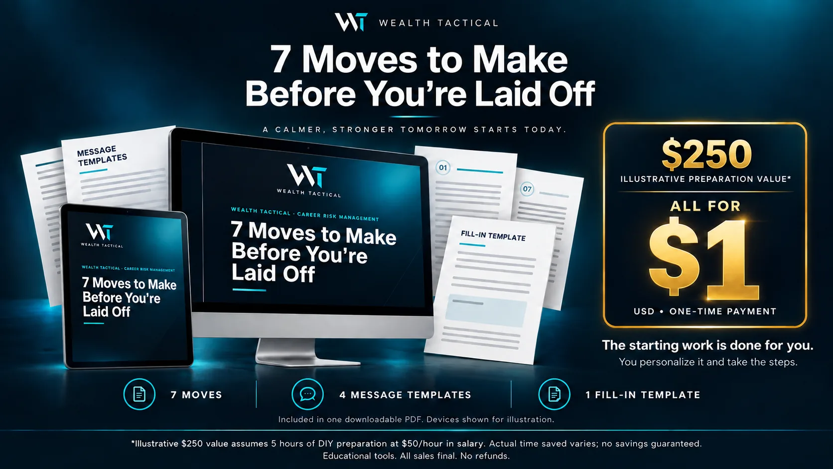 Wealth Tactical’s 7 Moves guide shown on digital devices with script and template previews. $1 USD; illustrative preparation value of $250 assumes five hours at $50 per hour, with actual time saved varying.